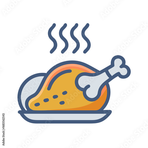 Stylized whole roasted chicken on plate with steam effect