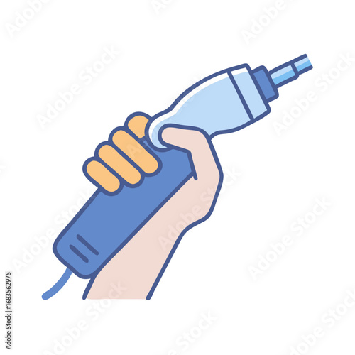 Hand holding electric massager tool on black background, flat style