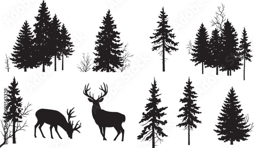 Majestic deer silhouette in a pine forest scenic nature illustration