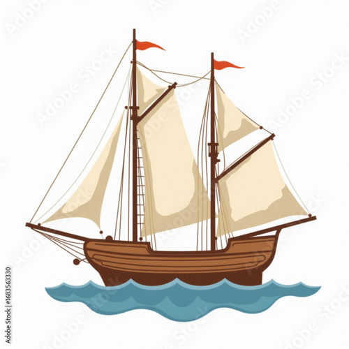 Vintage Sailing Ship: A classic sailboat gracefully navigates the open waters, its sails billowing in the wind, a symbol of adventure and exploration on the high seas. 