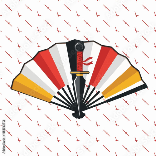 Stylized warrior fan with a sharp dagger, a vector symbol of concealed power and deadly beauty on a seamless pattern background