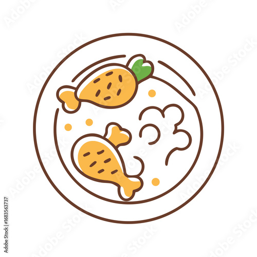 Simple line drawing of chicken dish with brown gravy
