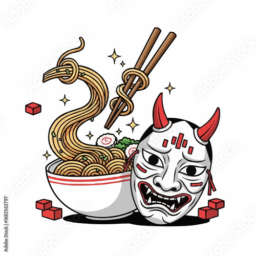 Stylized Japanese ramen noodle soup with a demonic Hannya mask, showcasing delicious food as cultural art in a vibrant vector design