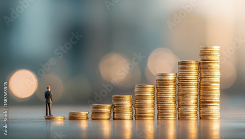 Miniature figure on a path of increasing stacks of gold coins