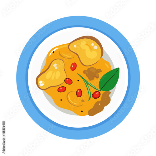 Overhead flat lay of stylized Asian curry dish