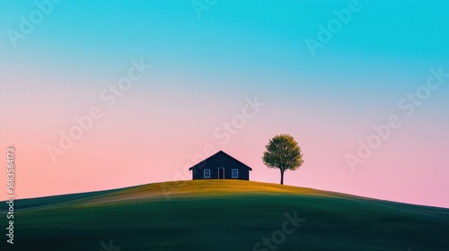 Serene Landscape with Isolated House and Tree on Rolling Hill at Sunrise