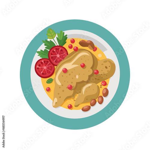 Flat lay illustration of chicken with berries and tomatoes