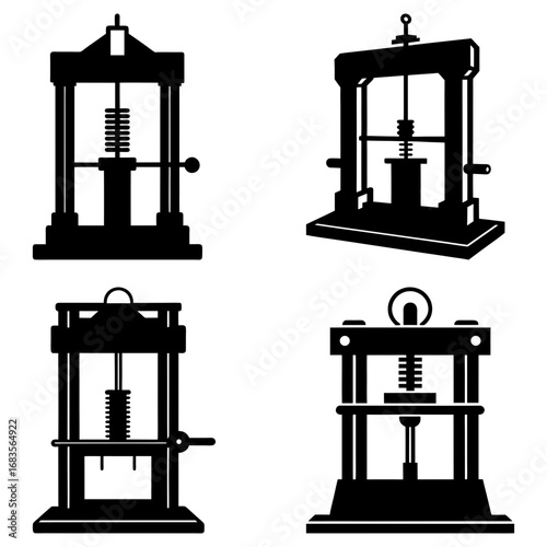 Illustrations of four different hydraulic presses with varying designs and structural components shown in black
