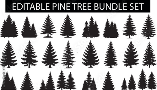 set silhouette of christmas tree, fir tree design vector isolated