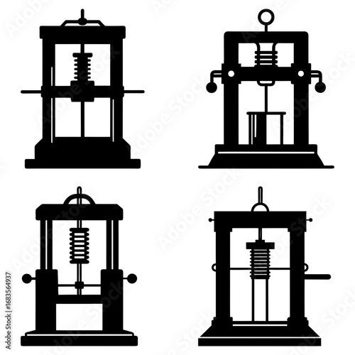 Four hydraulic press silhouettes showcasing different designs and mechanical structures in black and white style