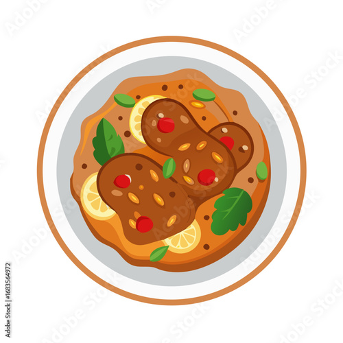 Colorful vector illustration of savory stew with sausages and lemon