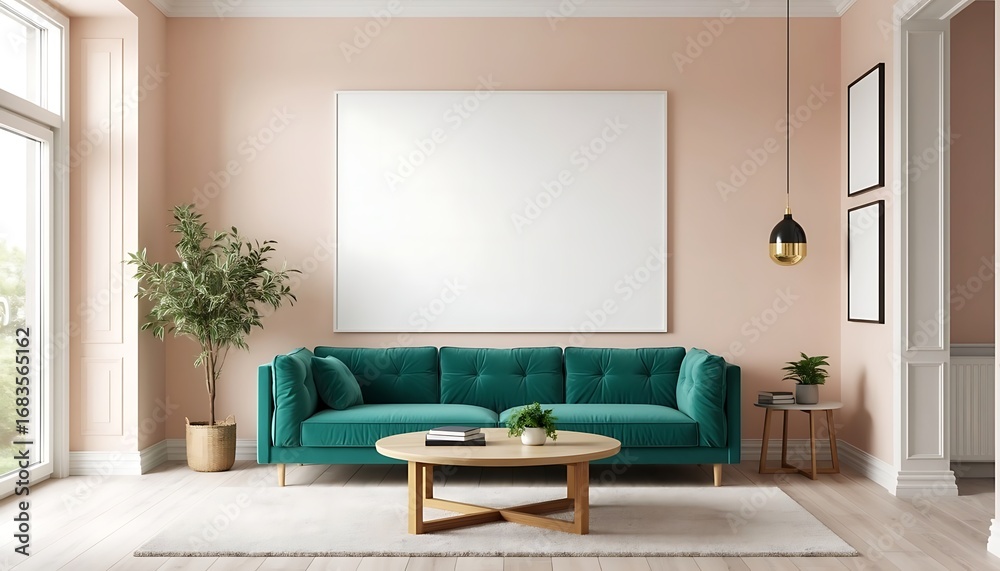 Fototapeta premium Bright Modern Living Room with Large Blank White Canvas Mockup Over Teal Velvet Sofa on Pastel Peach Wall