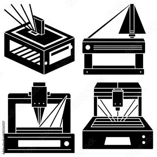 Illustration showcasing four distinct cnc machines in a minimalist black and white design arrangement style