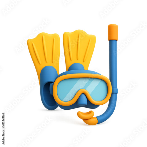 Cartoon snorkel mask and flippers for swimming isolated on transparent background