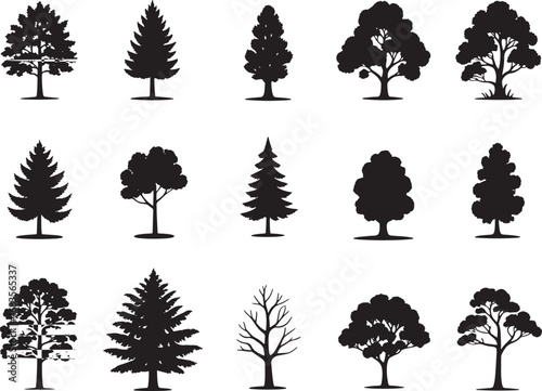 A diverse collection of tree silhouettes with various leaves, branches, and illustrations forms a natural forest pattern