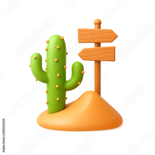 Cartoon cactus and wooden signpost on sand dune isolated on transparent background