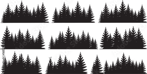 Fir trees silhouettes set. Coniferous spruce horizontal background patterns, black evergreen woods vector illustration. Beautiful hand drawn panorama with treetops forest. Black pine woods