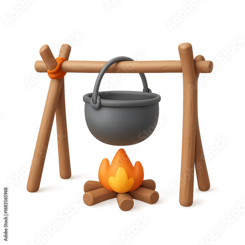 Campfire cooking pot hanging over a fire isolated on transparent background