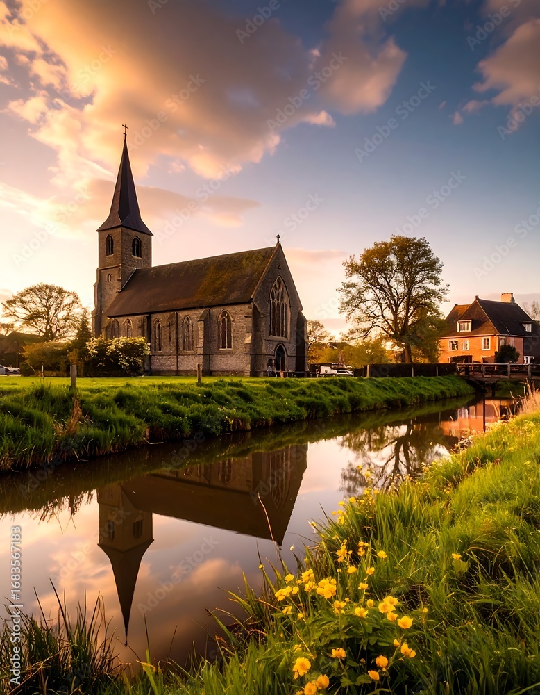 Naklejka premium A tranquil rural scene at sunset, showcasing a historic church reflected serenely in a canal, framed by vibrant greenery and a soft golden light.