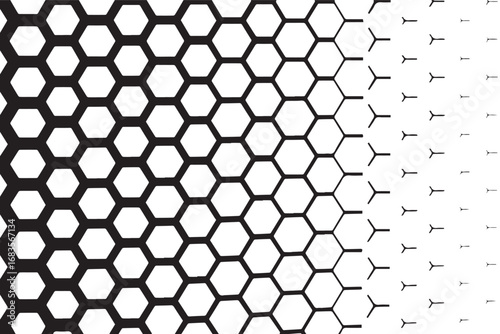 Abstract geometric pattern of interconnected hexagons fading from solid black to white creating a textured gradient background effect