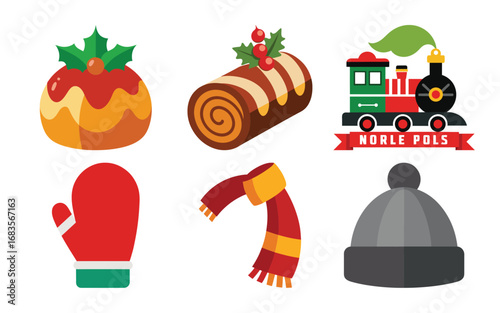 Vector art of collection of christmasthemed icons including a festive pudding, a swiss roll, a toy train, a red mitten, a scarf, and a beanie