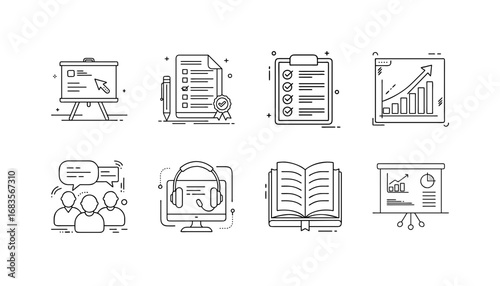 Education and training line icons collection - Set of outlined icons representing education, online learning, training, teamwork, research, presentations, and knowledge sharing in modern study environ