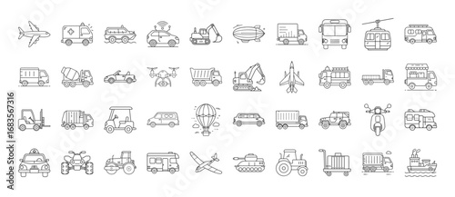 Transport and vehicles line icons collection - Set of outlined transport icons including cars, trucks, planes, buses, bikes, and construction vehicles for travel, logistics, and mobility themes.  
