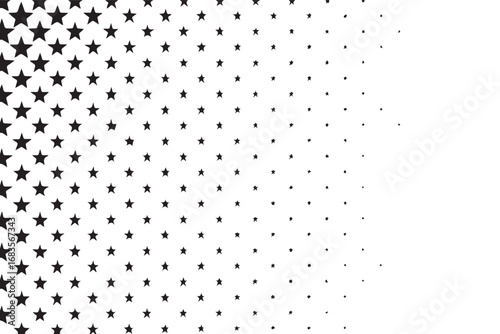 Abstract black and white halftone pattern featuring a gradient of stars and circles fading into a clean white background creating a modern graphic design element