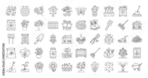 Gardening line icons set with plants and tools - Collection of outlined gardening icons showing plants, flowers, tools, seeds, pots, watering, and garden accessories for horticulture and landscaping.
