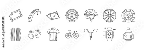 Bicycle parts and accessories outline icons set - Collection of black and white line icons showing different bicycle components and cycling gear, including wheels, helmets, pedals, frames, tires