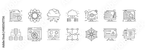 Big data and analytics outline icons set - Black and white line icons collection representing cloud storage, data analysis, charts, networks, artificial intelligence, and business intelligence tools. 