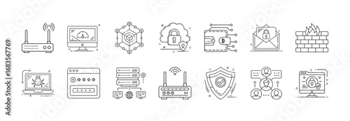 Cybersecurity and data protection outline icons set - Collection of black and white line icons showing computer security, firewall, password, VPN, encryption, antivirus, shield, and network protection