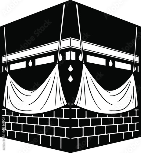 Black and white Kaaba vector illustration in Mecca, sacred Islamic building line art for Hajj, Umrah, and religious design purposes