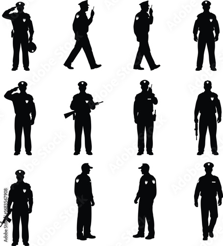 Silhouette police officers in uniform, saluting, walking, standing guard, armed security, patrolling, professional law enforcement figures for public safety concept