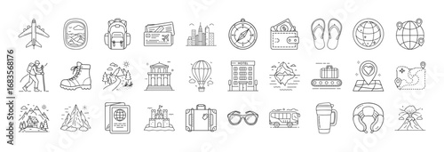 Travel and vacation outline icons set - Collection of black and white line icons showing travel, tourism, camping, transport, luggage, adventure, food, and leisure activities.
