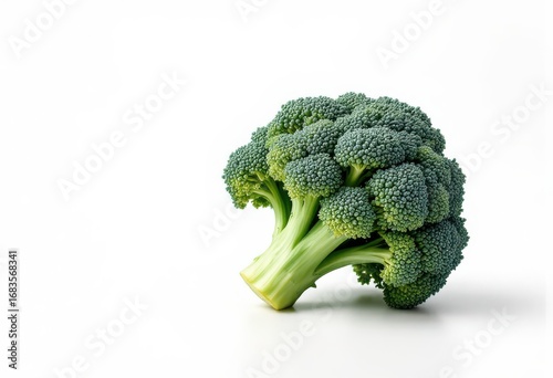 A vibrant, fresh broccoli head, brightly lit against a plain white backdrop, showcasing its deep green color and intricate structure.