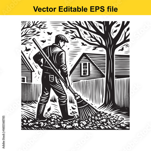 Man sweeping fallen leaves in the yard with a broom, autumn season activity