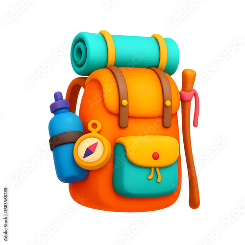 Stylized 3d camping backpack with water bottle compass and trekking pole isolated on transparent background