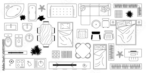 A set of black and white outlines of modern furniture pieces, ideal for interior design projects. Furniture outline top view. CAD drawings