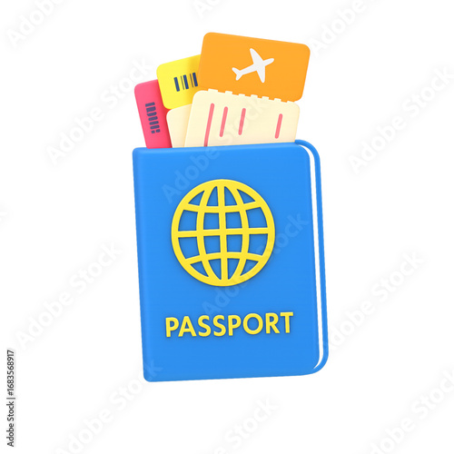 Blue passport with airplane tickets isolated on transparent background