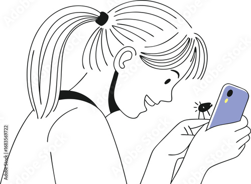 Girl with phone and insect interaction technology communication