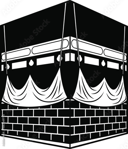 Detailed black and white Kaaba vector illustration featuring cloth drapes and brick base, ideal for Islamic pilgrimage, Hajj, Umrah, and religious design.