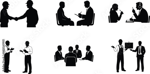 Silhouettes of business and industrial professionals communicating, meetings, interviews, teamwork, project discussion, office work, construction collaboration, planning and presentation
