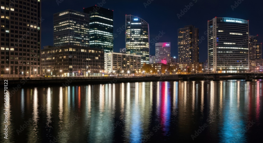 Fototapeta premium City skyline at night, reflected in calm water