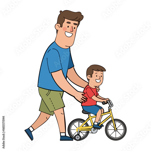 Learning to Ride: A father guides his son in his first bike ride, capturing a moment of paternal love and the joy of childhood in a vector illustration.