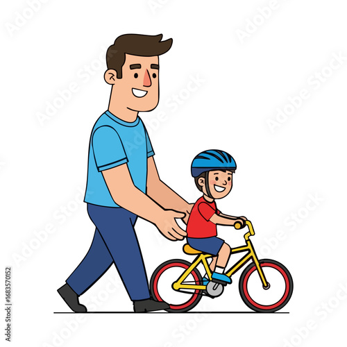 Learning to Ride: A father guides his son in his first bike ride, capturing a moment of paternal love and the joy of childhood in a vector illustration.