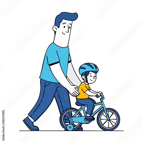 Learning to Ride: A father guides his son in his first bike ride, capturing a moment of paternal love and the joy of childhood in a vector illustration.