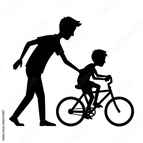 Learning to Ride: A father guides his son in his first bike ride, capturing a moment of paternal love and the joy of childhood in a vector illustration.
