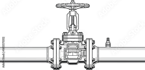 Detailed cutaway technical illustration of industrial valve with handwheel and flanged pipe connections, mechanical engineering design for fluid flow control systems.