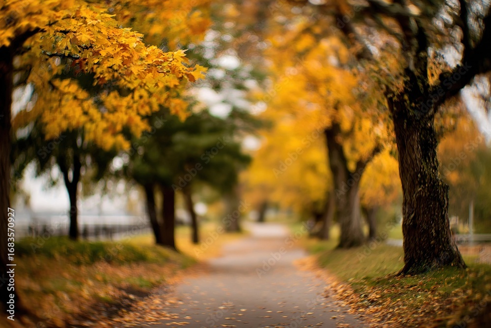 Fototapeta premium Autumn walk through a park lined with vibrant yellow trees on a serene path
